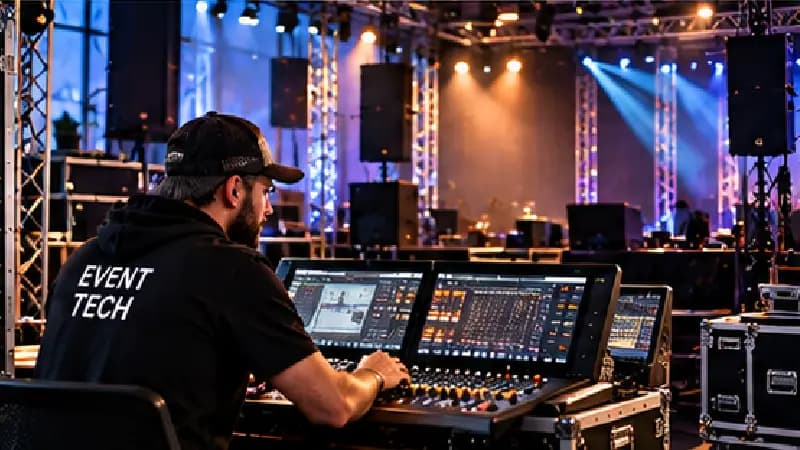 Veranstaltungstechniker planen Lichttechnik, Tontechnik und Bühnenausstattung für ein Event